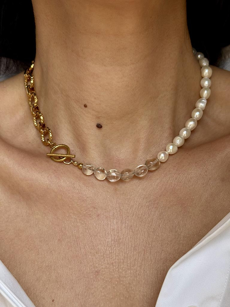 Χειροποίητο Κολιέ Quartz, Pearl & Steel