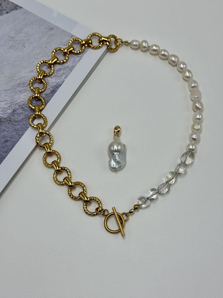 Χειροποίητο Κολιέ Quartz, Pearl & Steel