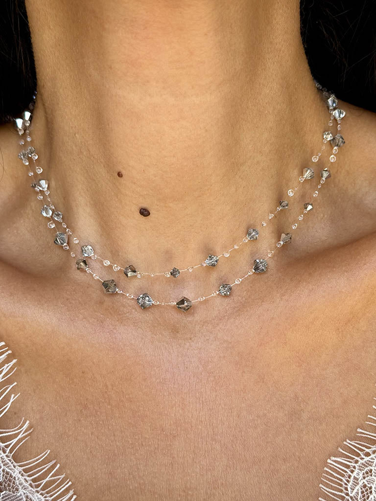 Χειροποίητο Διπλό Κολιέ Water Drops Silver Night με Κρύσταλλα Preciosa
