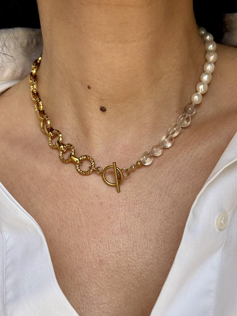 Χειροποίητο Κολιέ Quartz, Pearl & Steel
