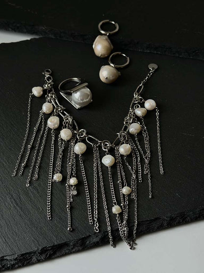 Χειροποίητο ατσάλινο βραχιόλι με μαργαριτάρια και αλυσίδες