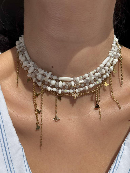 Κολιέ πολύσειρο με ημιπολύτιμες πέτρες και ατσάλινες αλυσίδες