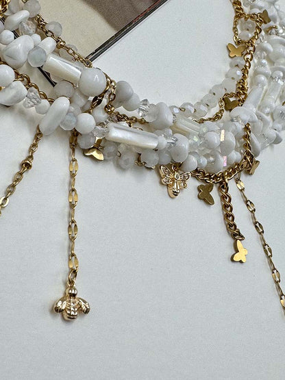 Κολιέ πολύσειρο με ημιπολύτιμες πέτρες και ατσάλινες αλυσίδες