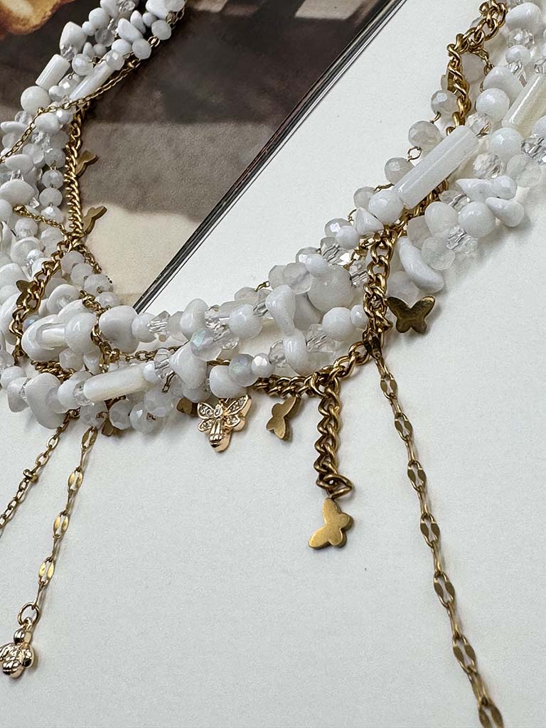 Κολιέ πολύσειρο με ημιπολύτιμες πέτρες και ατσάλινες αλυσίδες