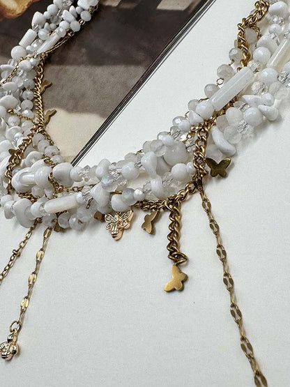 Κολιέ πολύσειρο με ημιπολύτιμες πέτρες και ατσάλινες αλυσίδες