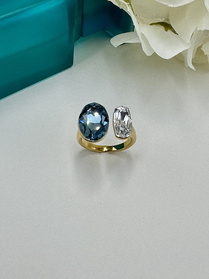 Ατσάλινο Δαχτυλίδι Crystal Duo Gold με Κρύσταλλα