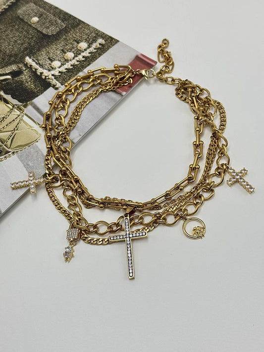 Χρυσό Layered Statement Κολιέ με Σταυρούς & Charms