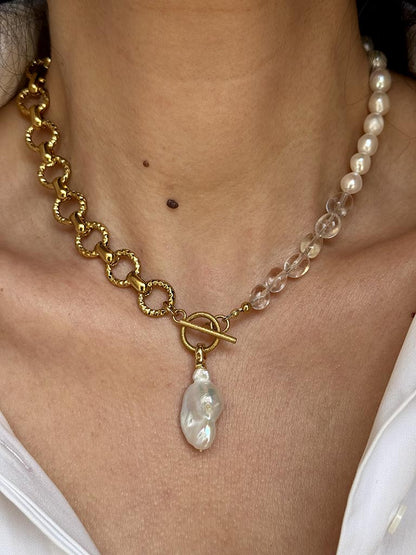 Χειροποίητο Κολιέ Quartz, Pearl & Steel