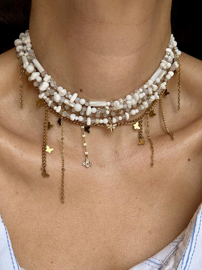 Κολιέ πολύσειρο με ημιπολύτιμες πέτρες και ατσάλινες αλυσίδες