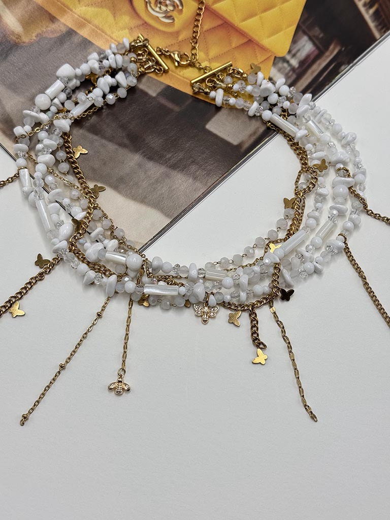 Κολιέ πολύσειρο με ημιπολύτιμες πέτρες και ατσάλινες αλυσίδες