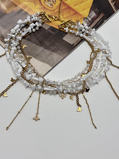 Κολιέ πολύσειρο με ημιπολύτιμες πέτρες και ατσάλινες αλυσίδες