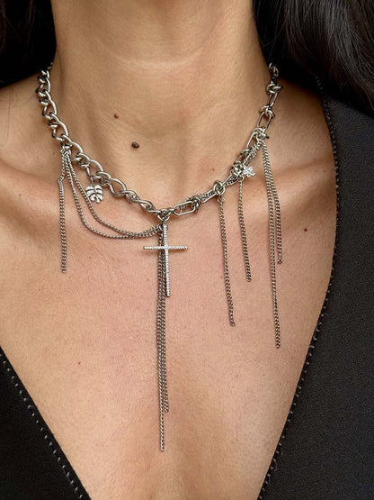 Ατσάλινο κολιέ με αλυσίδες και κρεμαστά μοτίφ