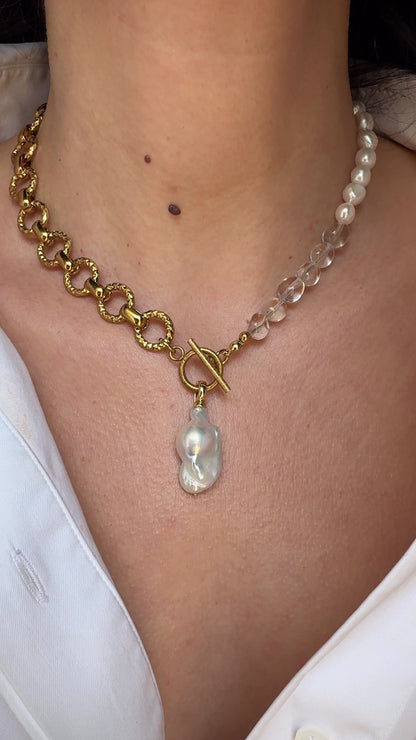 Χειροποίητο Κολιέ Quartz, Pearl & Steel