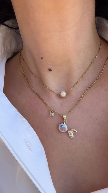 Χειροποίητο ατσάλινο σετ κολιέ Peach Pearl & Ψαράκι με μαργαριτάρι